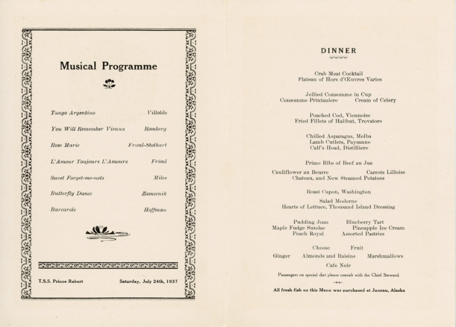 Canadian National Steamship Prince Robert - July 24, 1937 dinner menu