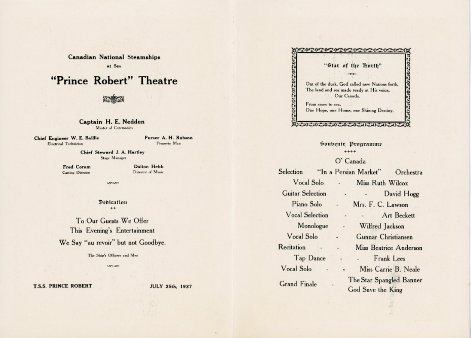 Canadian National Steamship Prince Robert - July 25, 1937 theatre programme
