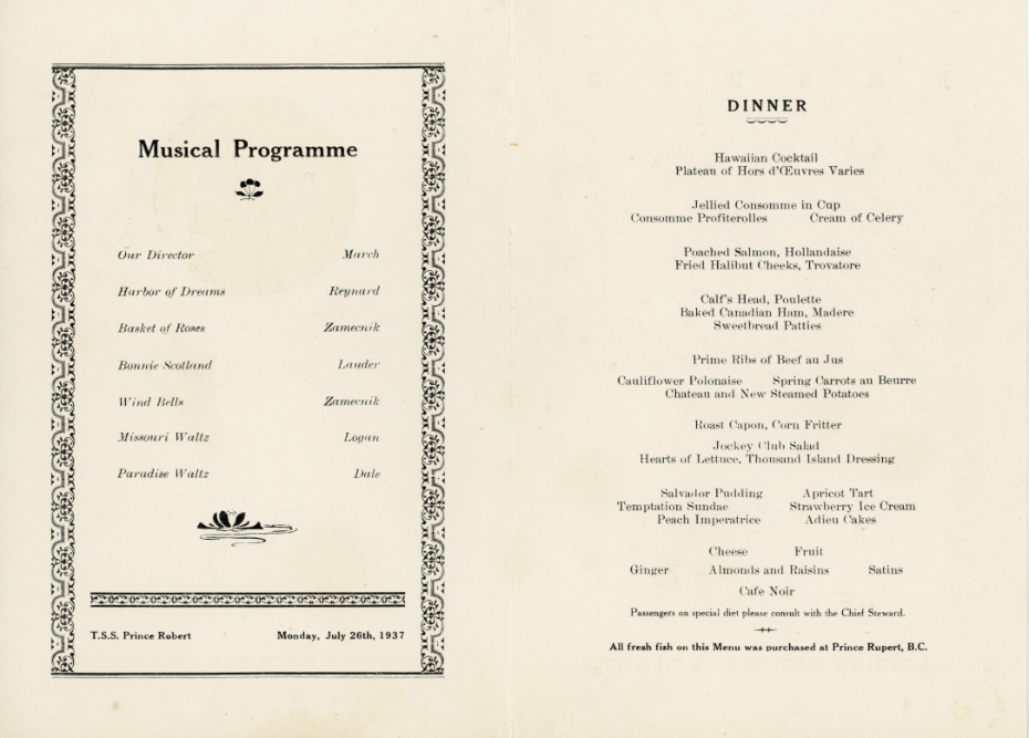 Canadian National Steamship Prince Robert - July 26, 1937 dinner menu