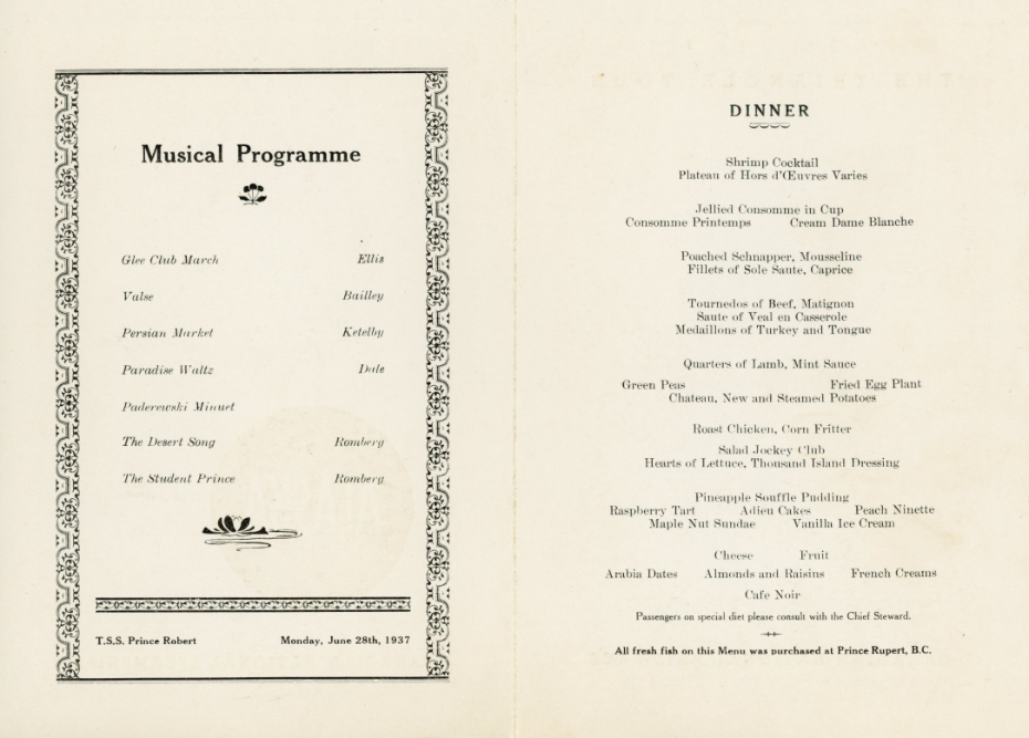 Canadian National Steamship Prince Robert - July 28, 1937 dinner menu