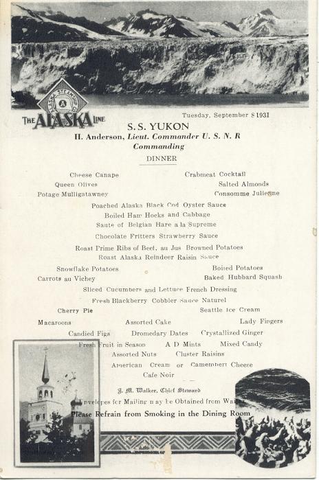 A menu from a 1931 Alaska voyage of the S.S. Yukon