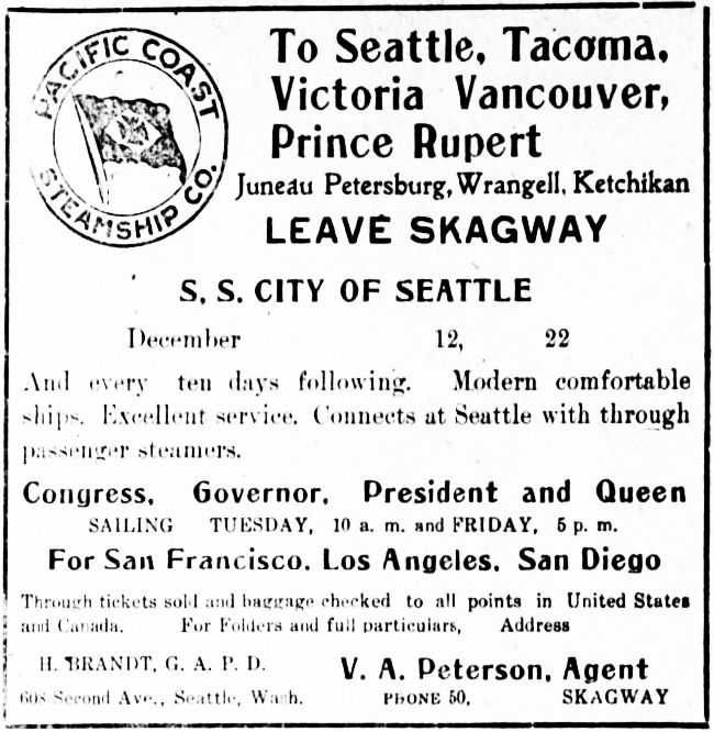 Skagway steamship service, December 1914: the Pacific Coast Steamship Co., operating the S.S. City of Seattle