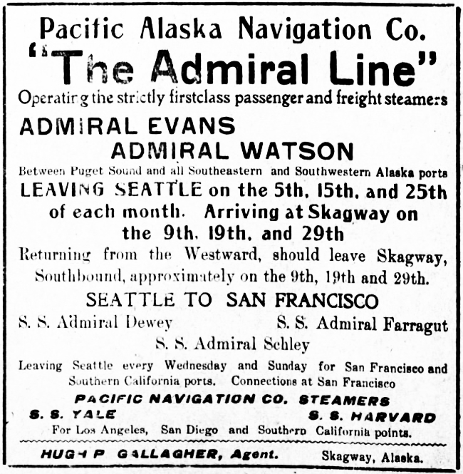 Skagway steamship service, December 1914: the Pacific Alaska Navigation Co., operating the Admiral Evans and Admiral Watson