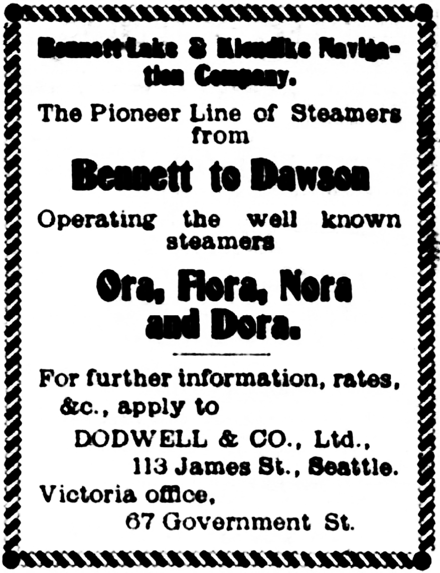 Bennett Lake & Klondyke Navigation Company ad, August 5, 1899