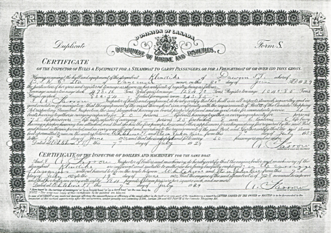 The first Inspection Certificate for the Klondike, 1929