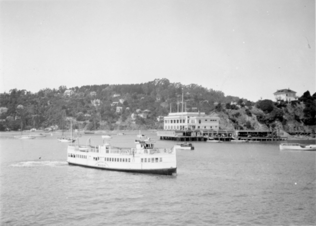The Northwest Pacific Railway ferry Marin, with the Belvedere and Corinthian Yacht Club in the distance.