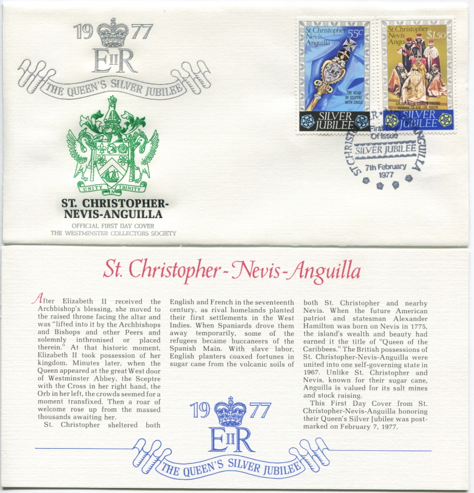 St. Christopher - Nevis - Anguilla First Day Cover from the Queen Elizabeth II Silver Jubilee Series, 1977