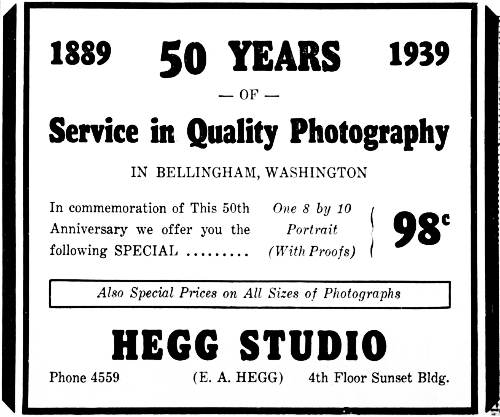 Ad for E. A. Hegg's 50th Anniversay sale - Bellingham. 1939.