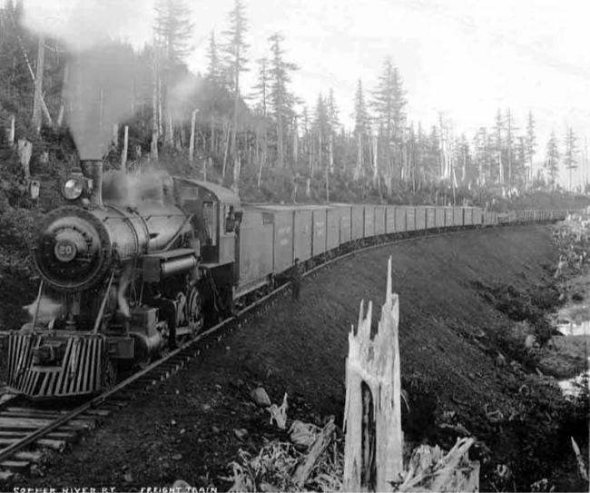 CR&NW locomotive No. 20 pulling freight cars at Mile 2 near Cordova, 1908.