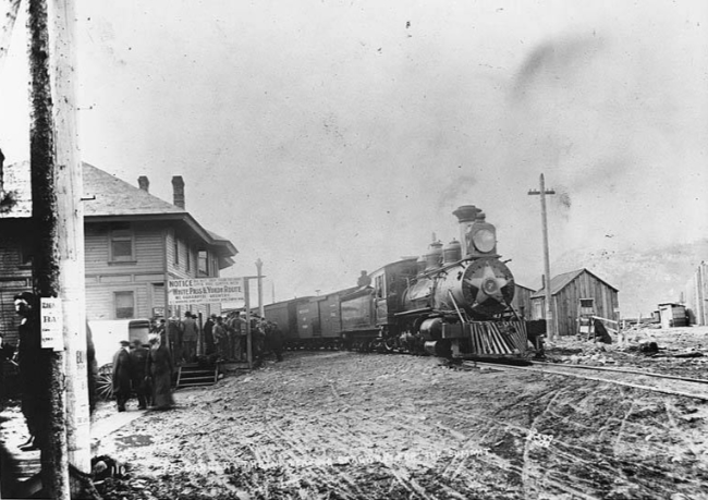 Leaving Skagway for the celebration of the completion of the WP&YR railroad to the summit of the White Pass, February 20, 1899.