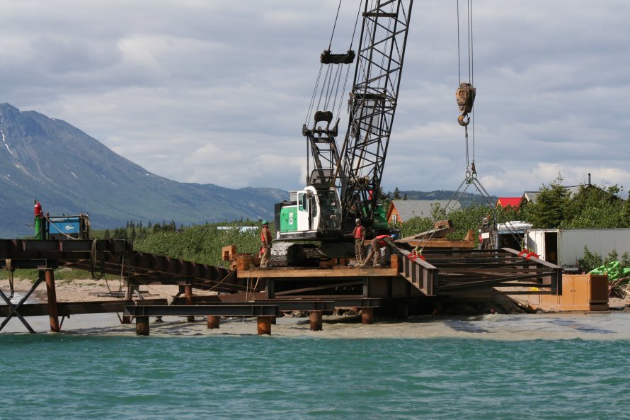 Disassembling of the temporary bridge continues at Carcross, Yukon, in 2007