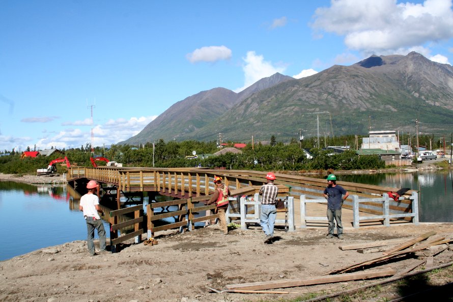 Construction of a new steel footbridge at Carcross, Yukon, in 2007