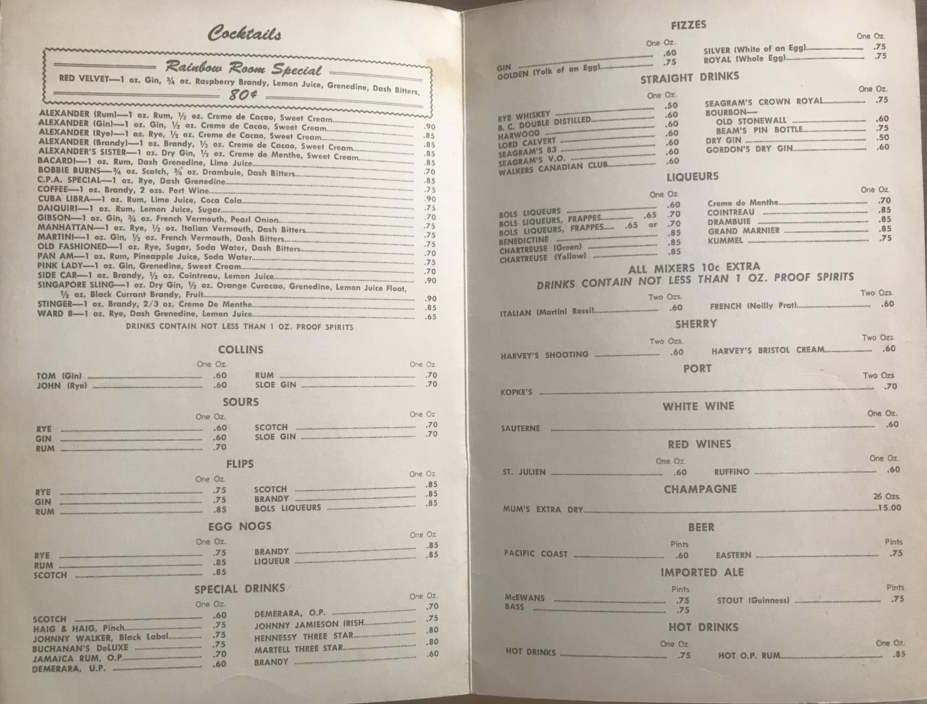 A cocktail menu from the 98 Hotel in Whitehorse, probably from the 1960