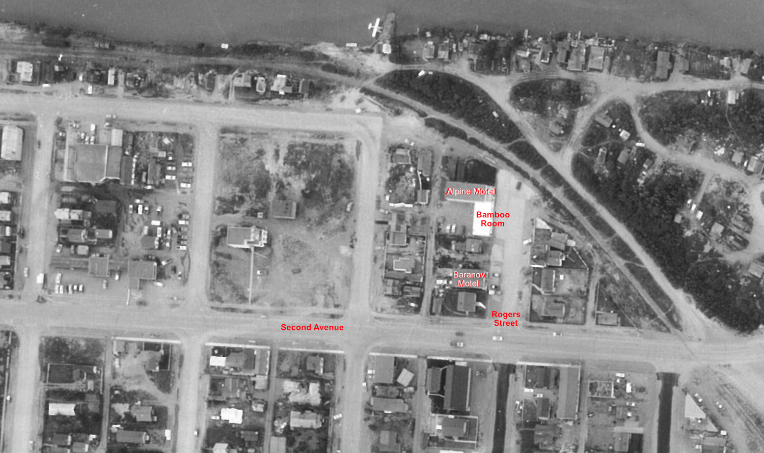 Aerial photo of the Alpine Motel and Baranov Motel in Whitehorse, 1963