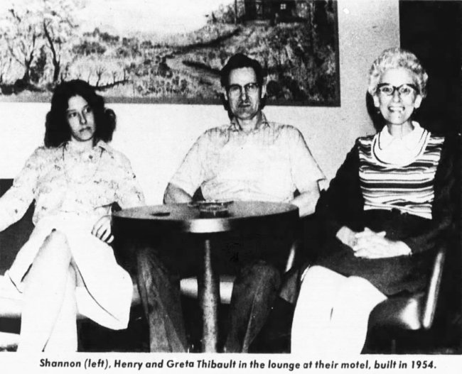 Shannon, Henry and Gretta Thibault at the Shannon Motel in Whitehorse, Yukon, 1975