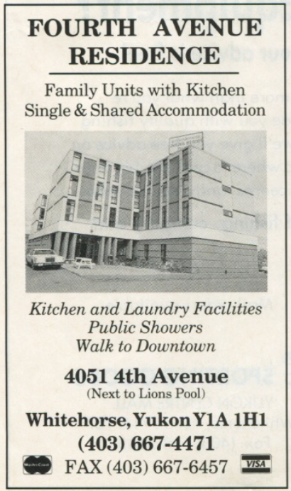 Ad for the Fourth Avenue Residence (Whitehorse, Yukon) in The Milepost, 1992