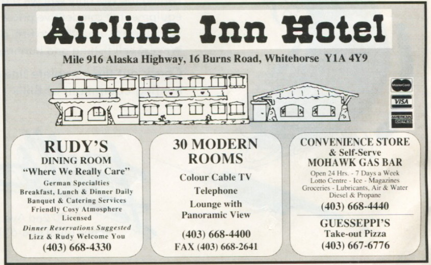 Ad for the Airline Inn (Whitehorse, Yukon) in The Milepost, 1992