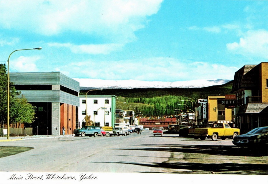 Main Street in Whitehorse ca. 1978 - the Ben-Elle Motel and Taku Inn can be seen on the right. 