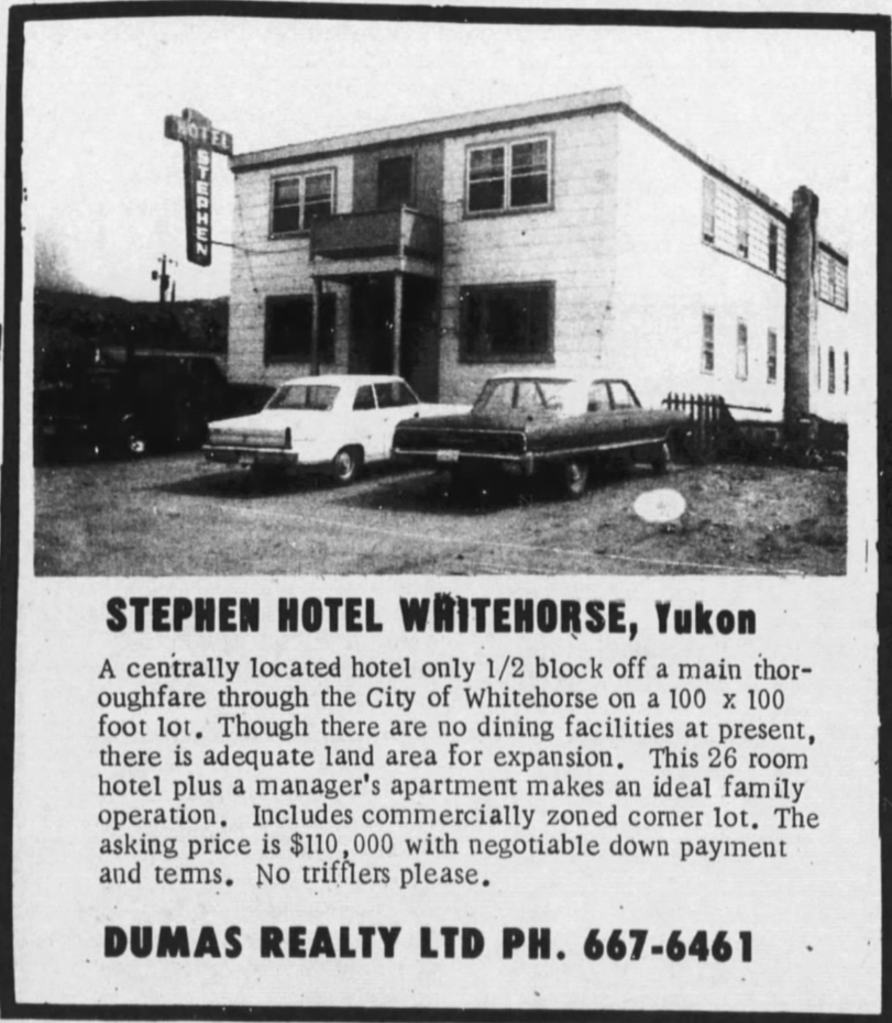 The Stephen Hotel in Whitehorse, Yukon, in July 1972.