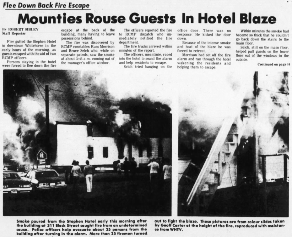 The Stephen Hotel fire in The Whitehorse Star on June 17, 1977. 