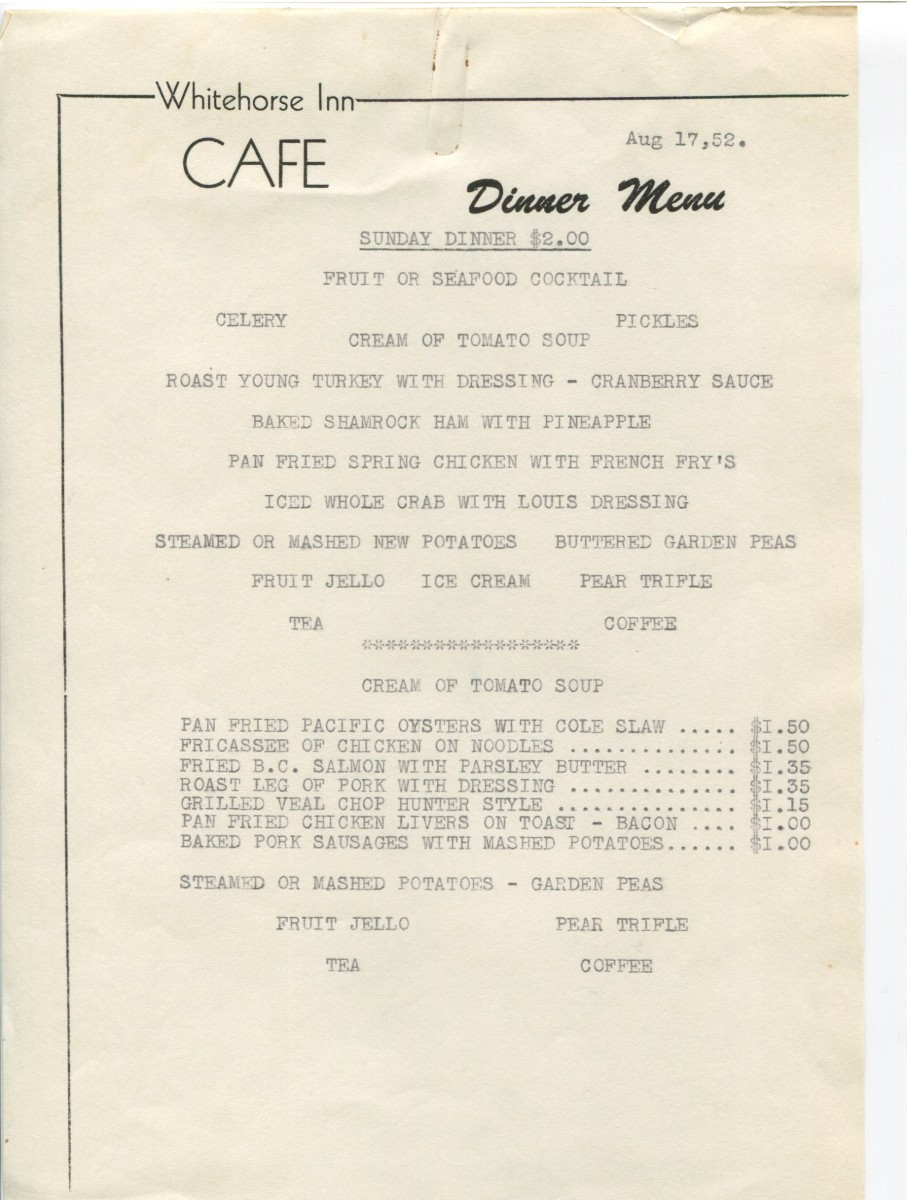 Whitehorse Inn Cafe menu - August 17, 1952