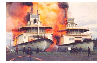 The sternwheelers Casca and Whitehorse burning on June 21, 1974