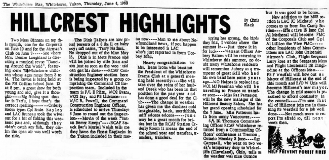 Hillcrest Highlights - The Whitehorse Star, Thursday, June 6, 1963