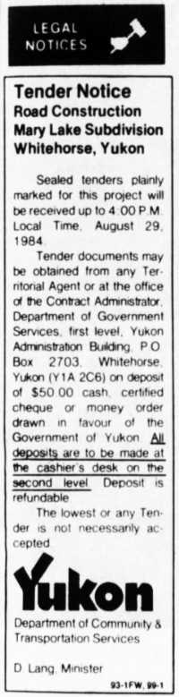 Tender call for Mary Lake road construction, 1984.