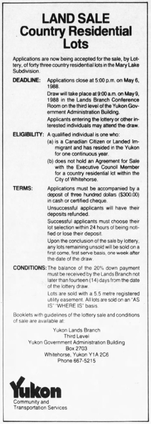 Mary Lake Phase II lots go up for sale, 1988.