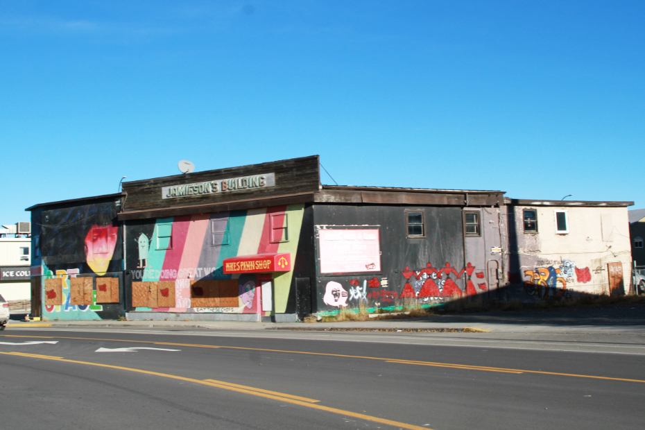 The Jamieson's Building at 4159 - 4th Avenue was brightened with murals painted by several artists and that has been added to by grafitti artists.