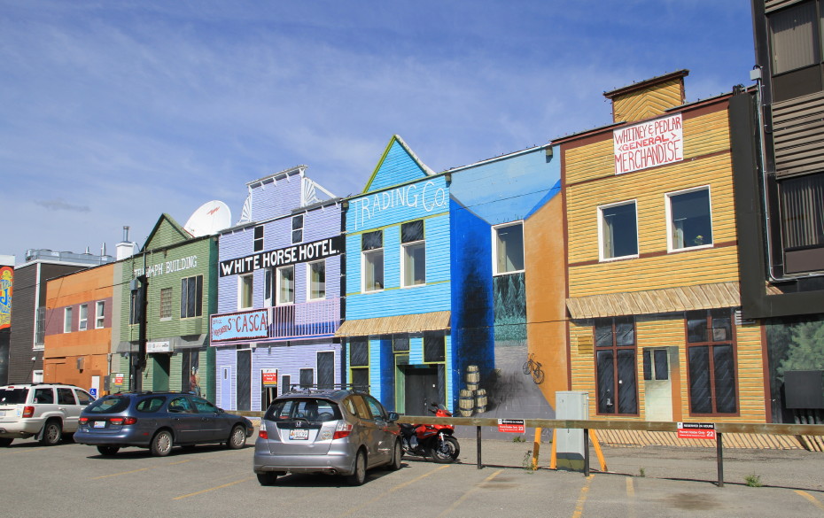 Huge frontier-town mural behind the Hougen's retail complex in Whitehorse, Yukon