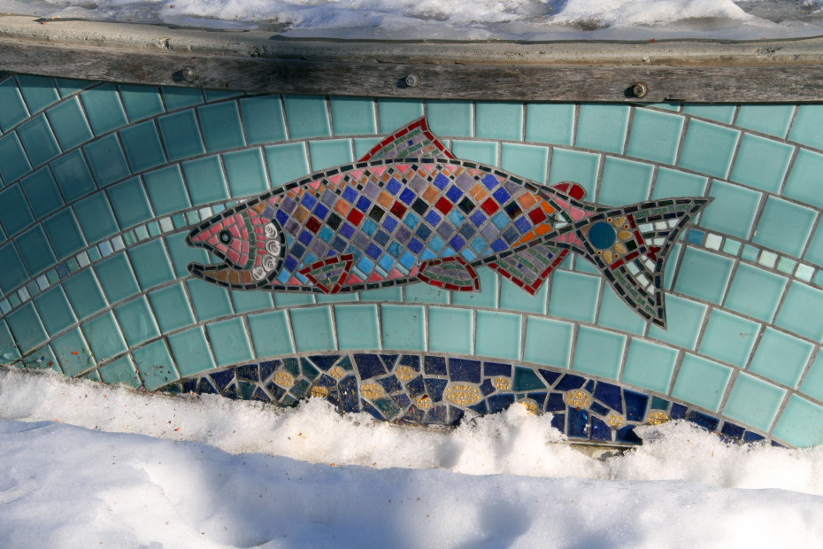 Mural in ceramic tiles, by Chris Sherbarth, in Whitehorse, Yukon