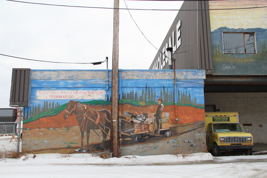 Mural showing the historic Canyon & Whitehorse Rapids Tramway Company in Whitehorse, Yukon