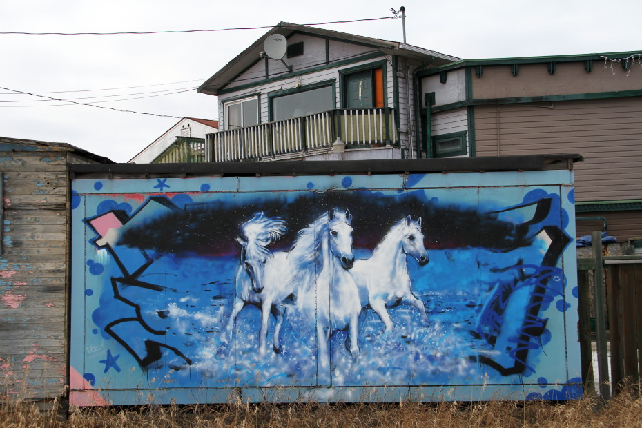 Mural of a herd of white horses in Whitehorse, Yukon