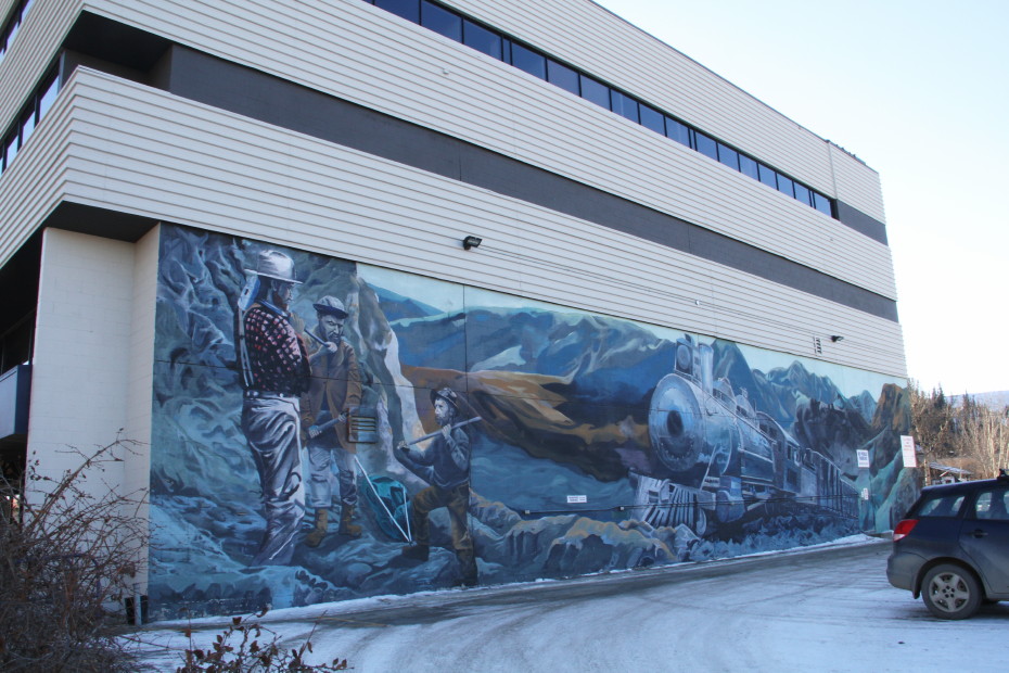 Mural of WP&YR steam locomotive by Lance Burton, in Whitehorse, Yukon