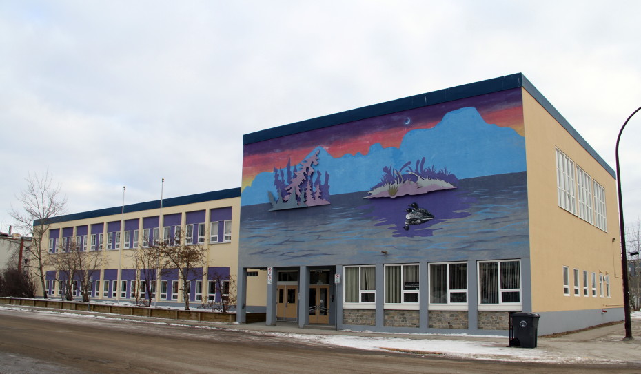 Mural of loons on a lake, painted by Lance Burton and the Youth of Today Society, in Whitehorse, Yukon