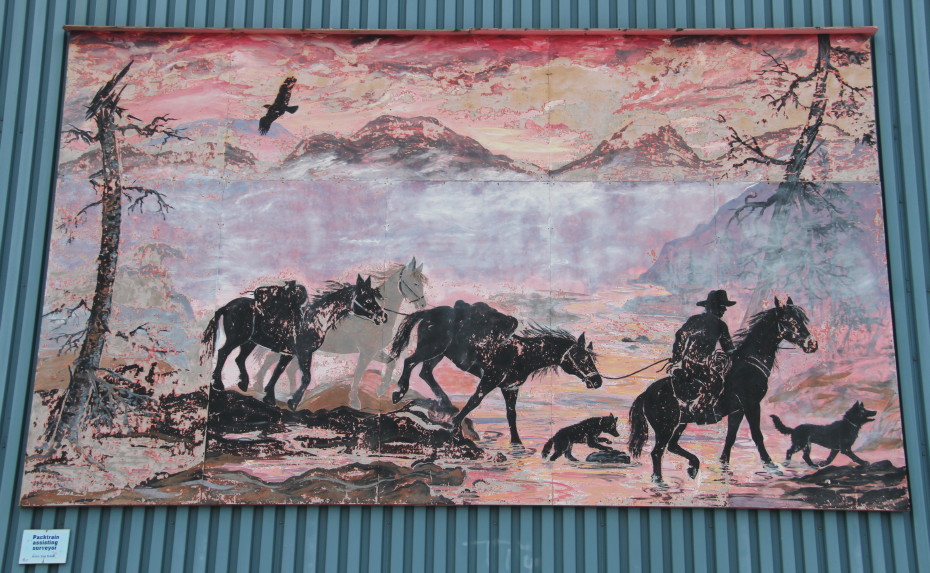Mural 'Packtrain Assisting Surveyor', by Zina Eckdahl, in Whitehorse, Yukon
