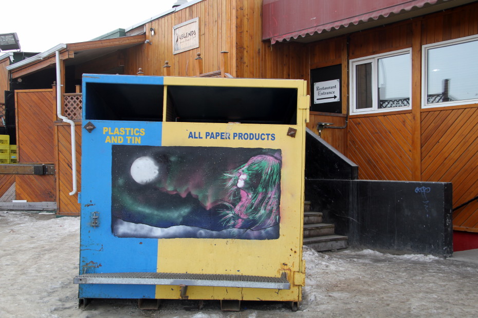 Mural by Colin Alexander on recycling bins in front of the Yukon Inn on 4th Avenue