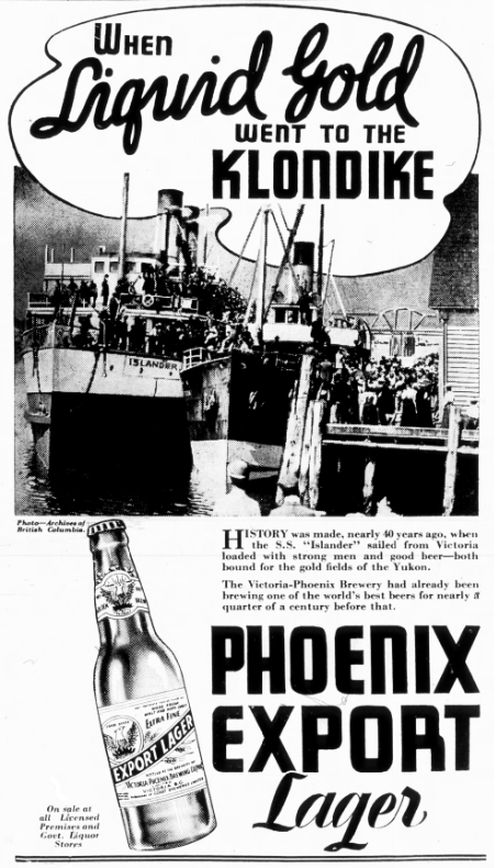 This 1935 beer ad comments on the shipping of beer to the Yukon on the steamship Islander - her first sailing (to Dyea) was on July 28, 1897