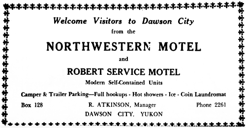 A 1970 ad for the Northwestern Motel and Robert Service Motel in Dawson City, Yukon