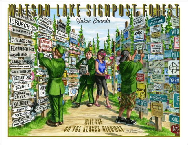 A poster of the Signpost Forest at Watson Lake, Yukon, by Chris Caldwell