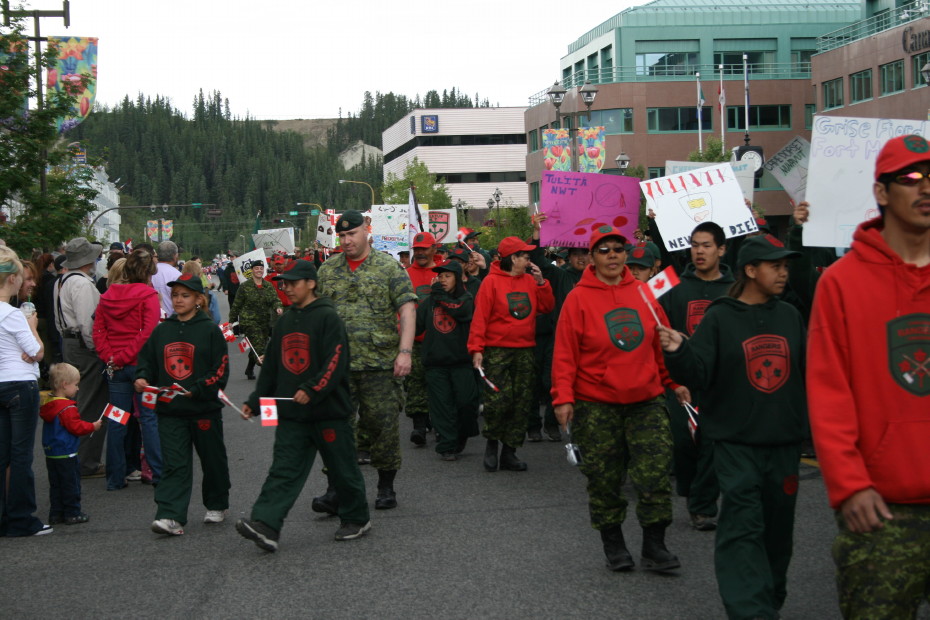 Canadian Rangers and cadets in the parade on Main Street in Whitehorse, Yukon