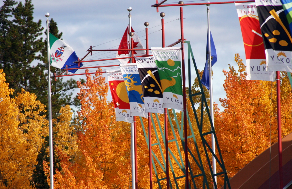 Flags and Fall leaves in Whitehorse, Yukon